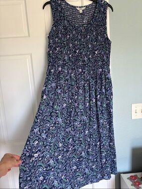 Croft & Barrow Navy Floral Sleeveless Midi Dress - smocked bodice - Size Large